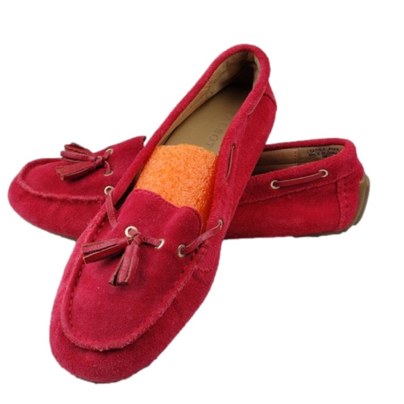 Talbots Red Suede Leather Tassel Upper Round Toe Slip On Flat Moccasin Shoe - Picture 1 of 16